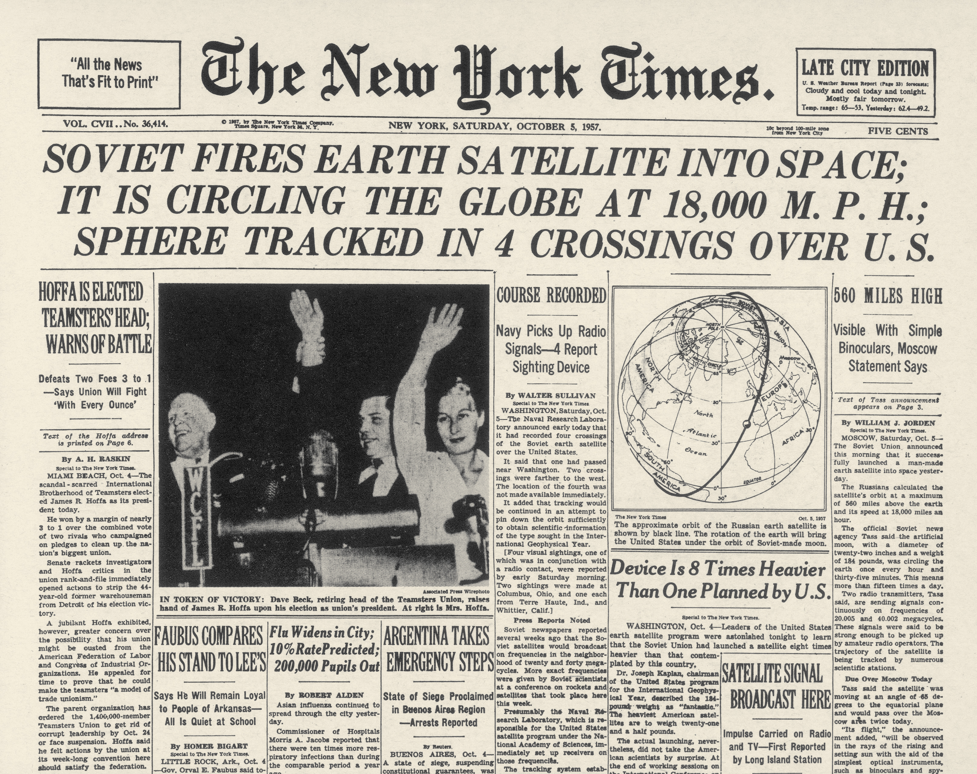 Первая полоса газеты The New York Times, 5 октября 1957 г.