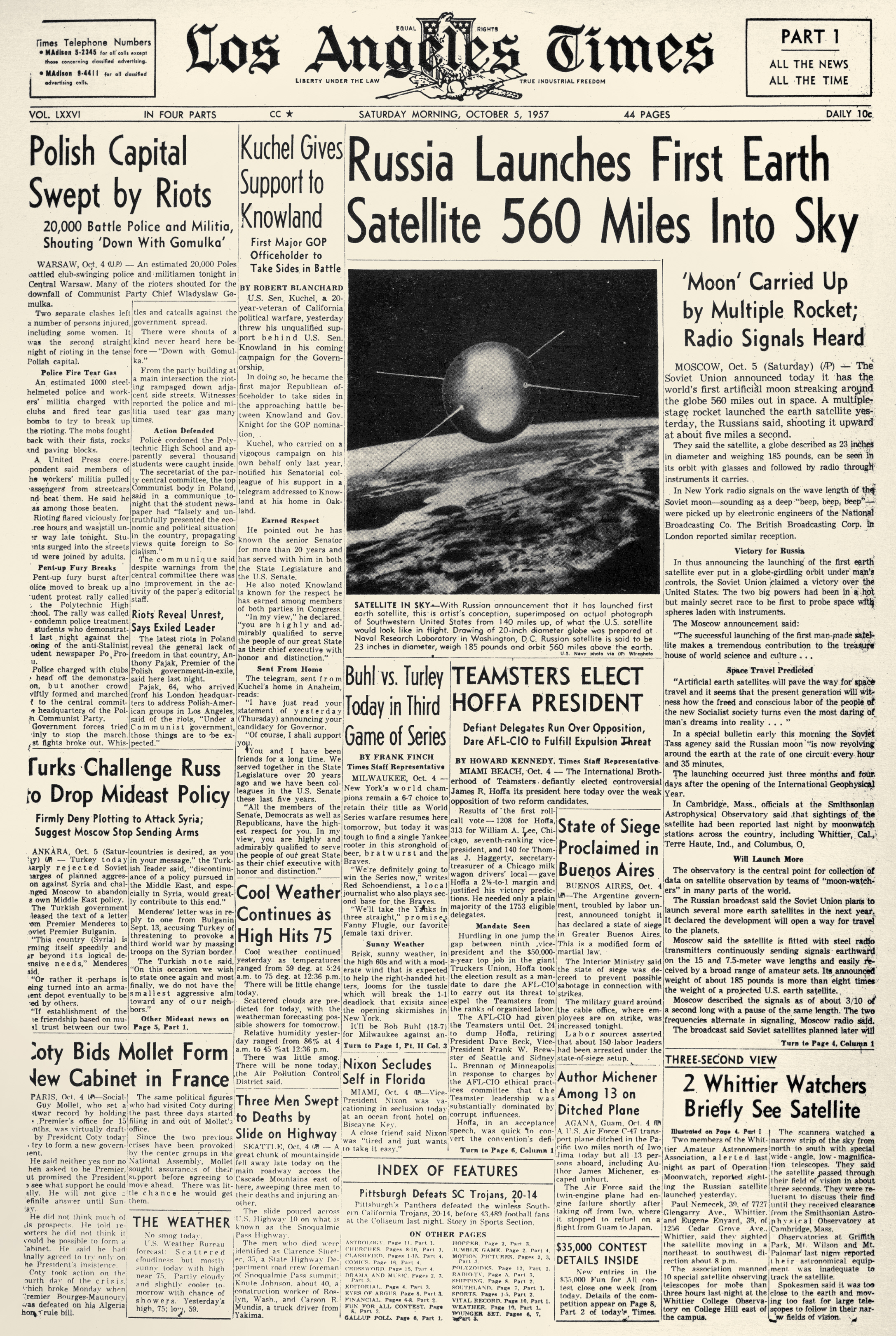 الصفحة الأولى لصحيفة لوس أنجلوس تايمز بتاريخ 5 أكتوبر من عام 1957.